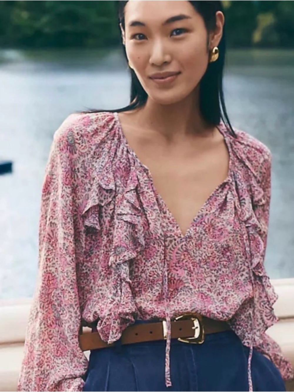 Ann Taylor Pink Floral Ruffle Peasant Blouse